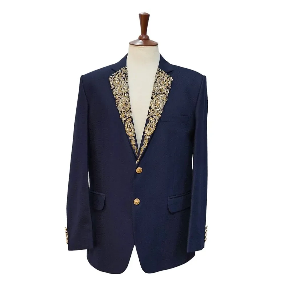 Mens 42R Navy Blue Wool Blazer Hand Embroidered Gold Paisley Tuxedo Suit Jacket